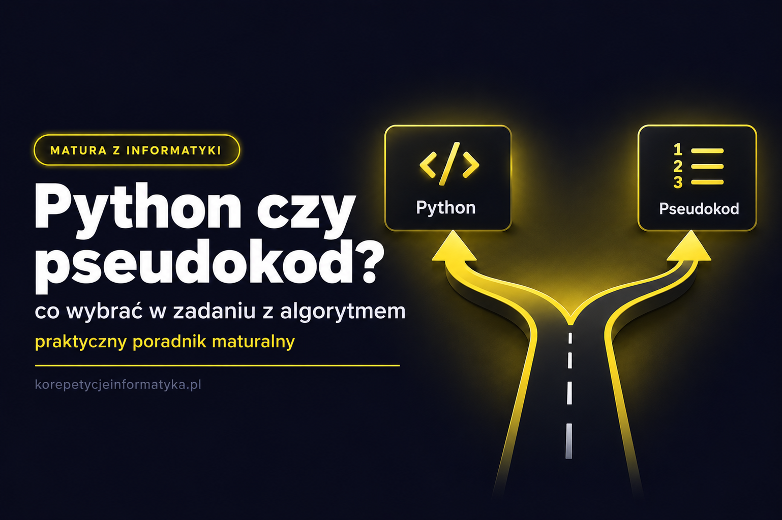 Minimalistyczna okładka artykułu o wyborze między Pythonem a pseudokodem na maturze z informatyki