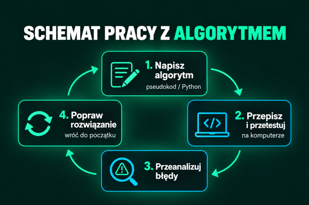 Schemat pracy z algorytmem na maturze: napisanie rozwiązania, test na komputerze, analiza błędów i poprawa