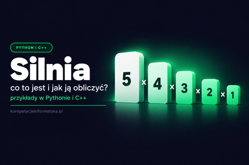Minimalistyczna okładka artykułu o silni w Pythonie i C++